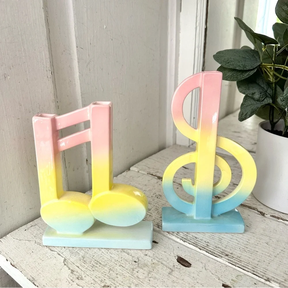 Vintage Fitz & Floyd Music Note Treble Clef Pastel Color Bud Flower Vases Japan